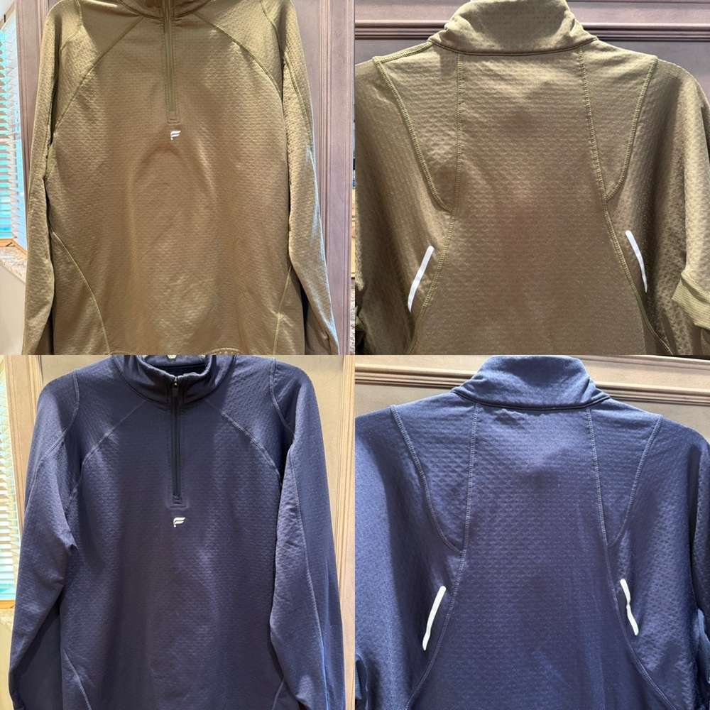 2 Fabletics Medium Navy Blue & Camo Green Quarter-Zip Pullovers with Logo